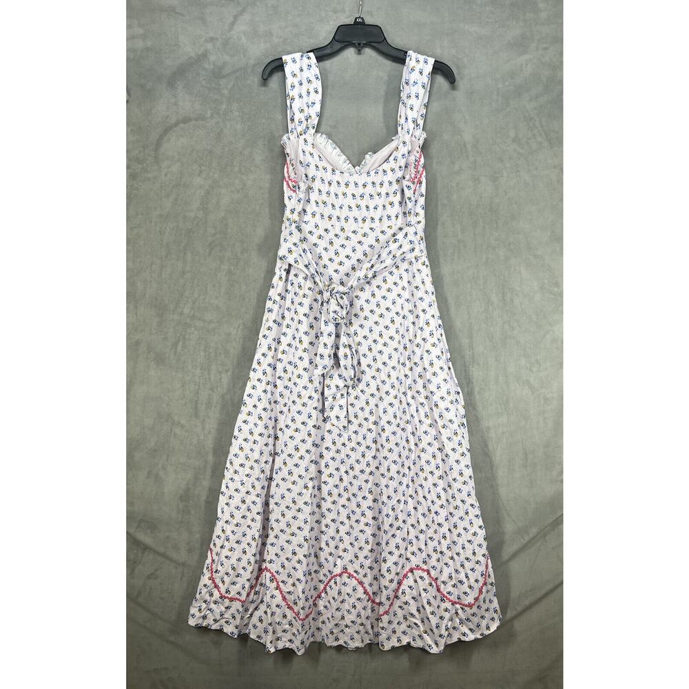 Free People White Midi Dress with Blue Floral Print and Pink Trim - Picture 6 of 11